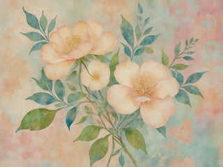 Soft floral batik pattern in pastel pink, green, and yellow tones on a beige textured background. Delicate and soothing design perfect for a gentle aesthetic.