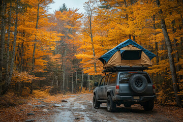 Overlanding adventure with a rooftop tent in vibrant autumn forest