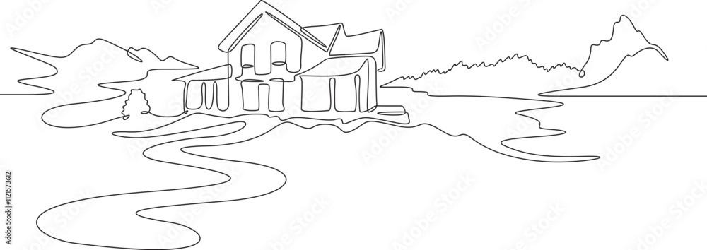 Poster continuous one line drawing residential country house. house against the backdrop of nature. landsca