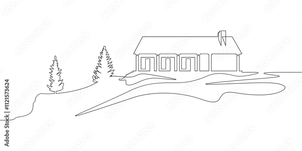 Poster continuous one line drawing residential country house. house against the backdrop of nature. landsca