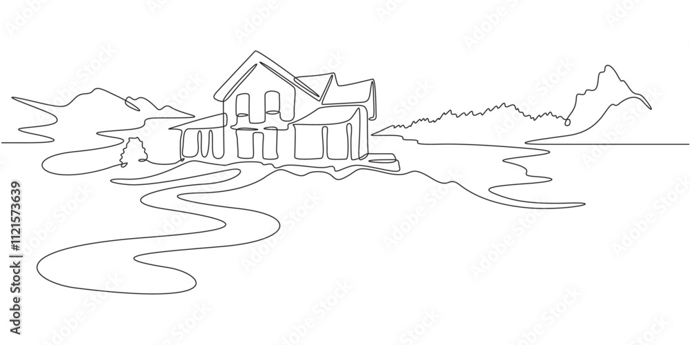 Wall mural Continuous one line drawing  residential country house. House against the backdrop of nature. Landscape design of a house in the suburbs..One continuous line isolated minimal illustration.Not AI.