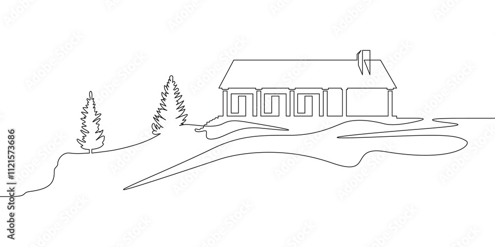 Poster continuous one line drawing residential country house. house against the backdrop of nature. landsca