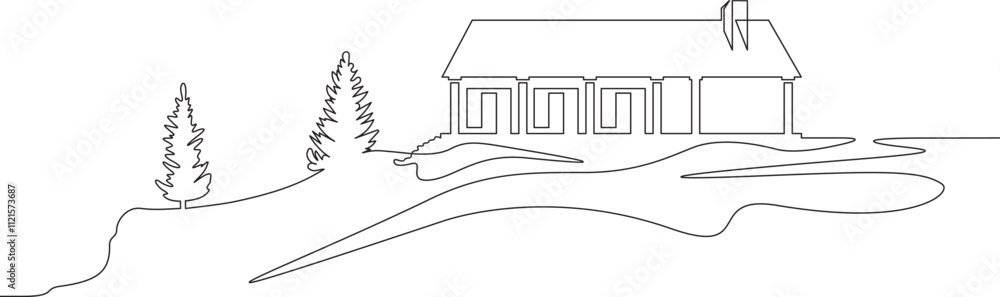 Poster continuous one line drawing residential country house. house against the backdrop of nature. landsca