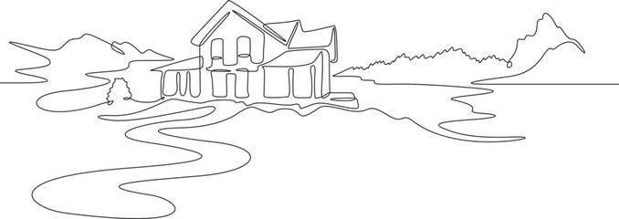 Continuous one line drawing  residential country house. House against the backdrop of nature. Landscape design of a house in the suburbs..One continuous line isolated minimal illustration.Not AI.
