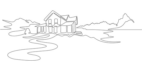 Continuous one line drawing  residential country house. House against the backdrop of nature. Landscape design of a house in the suburbs..One continuous line isolated minimal illustration.Not AI.