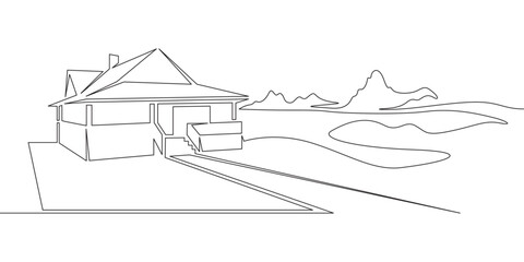 Continuous one line drawing  residential country house. House against the backdrop of nature. Landscape design of a house in the suburbs..One continuous line isolated minimal illustration.Not AI.