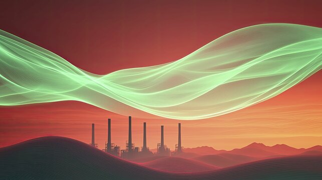 Translucent green gas swirling around industrial silhouettes, deep red background, vision for an eco-friendly tomorrow. - Powered by Adobe