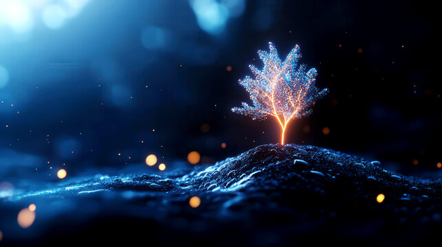 Abstract image of a virtual fintech ecosystem growing like a tree, symbolizing investment growth