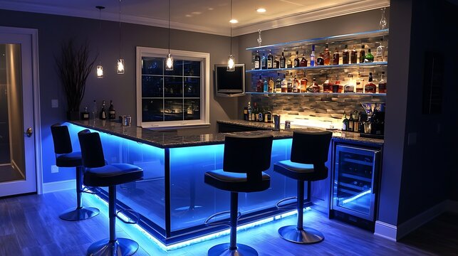 A bar with a black bar top and blue lights - Powered by Adobe