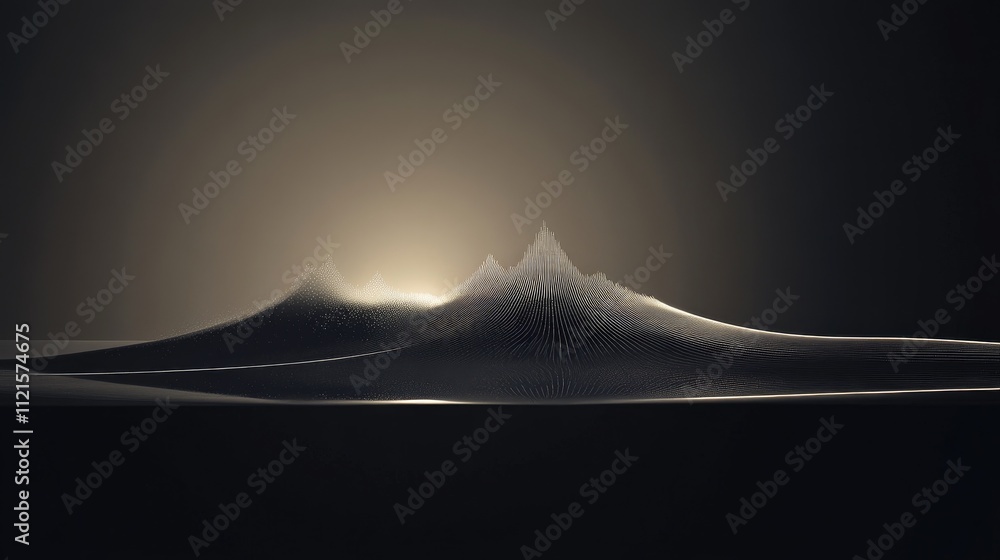Poster a sleek graphic of a line chart with sharp peaks and glowing trails, hovering over a reflective surf