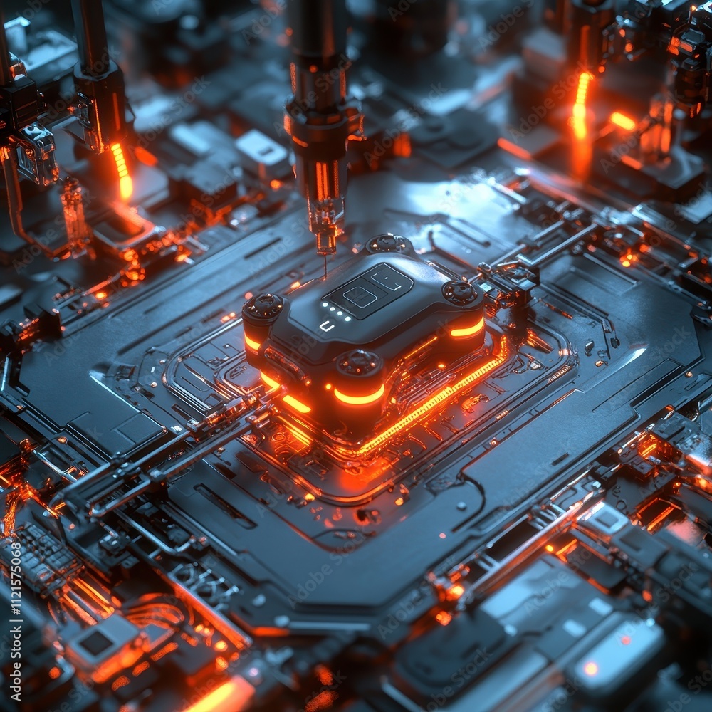 Poster a futuristic circuit board with glowing orange elements, showcasing a central processing unit surrou