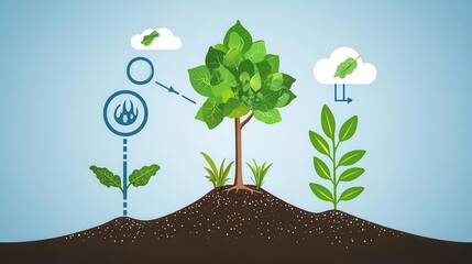 Diagrammatic representation of transpiration and photosynthesis in a thriving plant environment