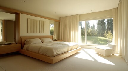 A spacious minimalist bedroom with a low wooden bed, light beige bedding, and minimalist furniture, complemented by natural light and neutral walls