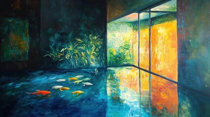 Koi pond, indoor, bright window, plants.