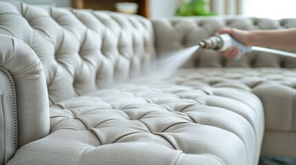 Fototapeta premium Professional sofa cleaning high pressure spraying to eliminate dust mites and deep clean textiles