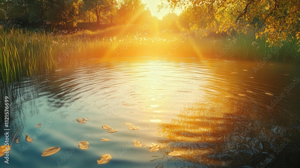 Poster water rippling up from a calm pond, sunlight filtering through and casting golden reflections across