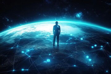 Exploring virtual connectivitya silhouette against earth’s networked horizon digital art futuristic environment inspired perspective