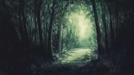 Fototapeta premium Dark forest path leads to light.