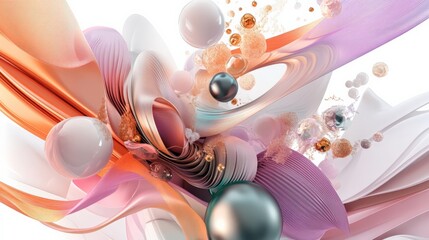 Vibrant abstract artwork featuring flowing shapes and colorful spheres in a dynamic composition