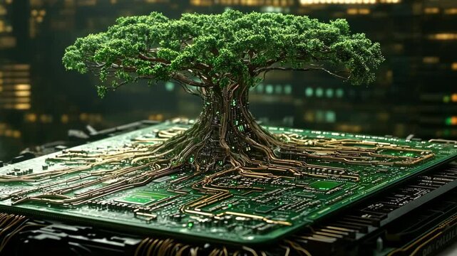 Innovative blend of nature and technology depicts a tree thriving on a circuit board in a futuristic environment