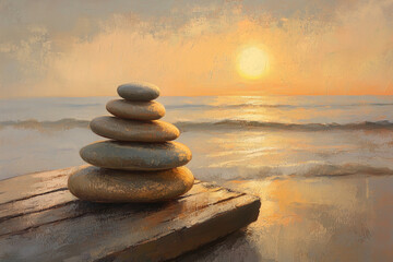 Fototapeta premium A high-angle shot of a stack of white and gray pebbles, perfectly balanced on wet sand evoke the peace and relax 