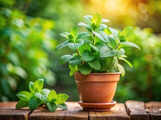 Fototapeta premium UK Garden Mint Plant, Potted Herb, Fresh Mint Leaves, Growing Mint, Homegrown Herbs, Mint in Pot, British Garden, Gardening UK, Herb Garden, Outdoor Plants