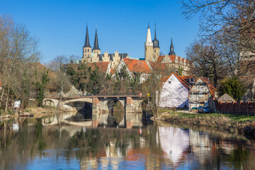 Historic castle and old bridge over the river Saale in Merseburg, Germany