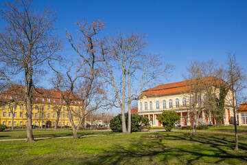 Park with historic buildings in the center of Merseburg, Germany