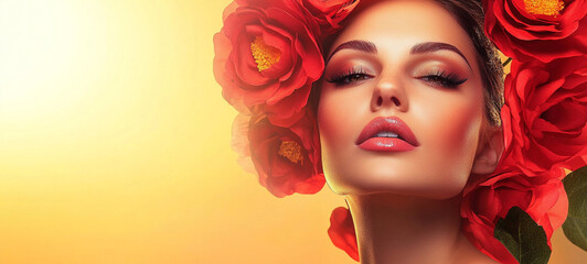 Stunning Beauty Portrait Floral Setting Photography Warm Tones Close-Up Timeless Elegance