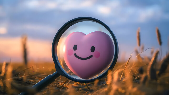 Cute heart character magnified in a field