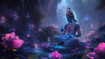 Futuristic Krishna with tech elements, surrounded by glowing devotees, cybernetic divinity in a neon-infused spiritual landscape