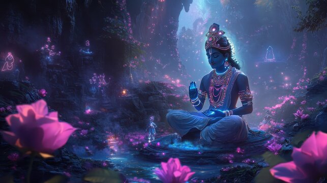 Futuristic Krishna with tech elements, surrounded by glowing devotees, cybernetic divinity in a neon-infused spiritual landscape