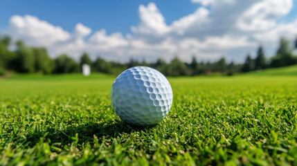 Obraz premium The golf ball is on a green lawn in a beautiful golf course with morning sunshine.