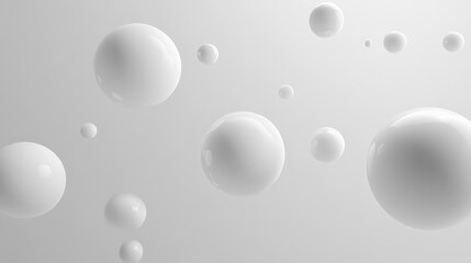 Floating white spheres create an abstract composition against a soft gray background in minimalistic design
