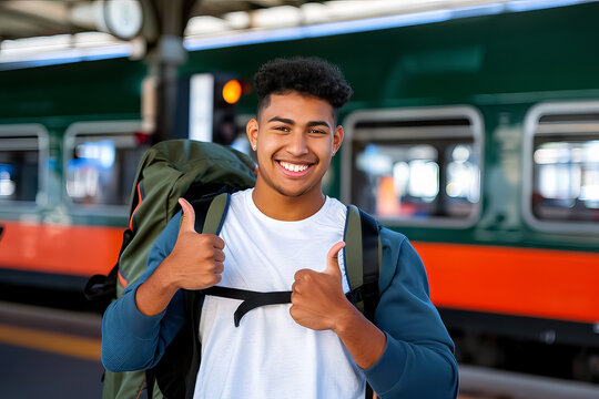 A smiling man with a backpack is giving a thumbs up