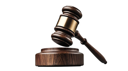 Wooden gavel on a base, symbolizing justice and law, isolated on a white background.