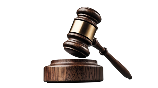 Wooden gavel on a base, symbolizing justice and law, isolated on a white background.