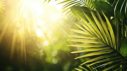 Obraz premium Tropical plants glowing in golden sunlight releasing oxygen and moisture into the warm air