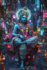 Fototapeta premium Krishna in a cyberpunk cityscape, surrounded by neon devotees and tech-enhanced sacred motifs, blending Hindu mythology with futuristic elements
