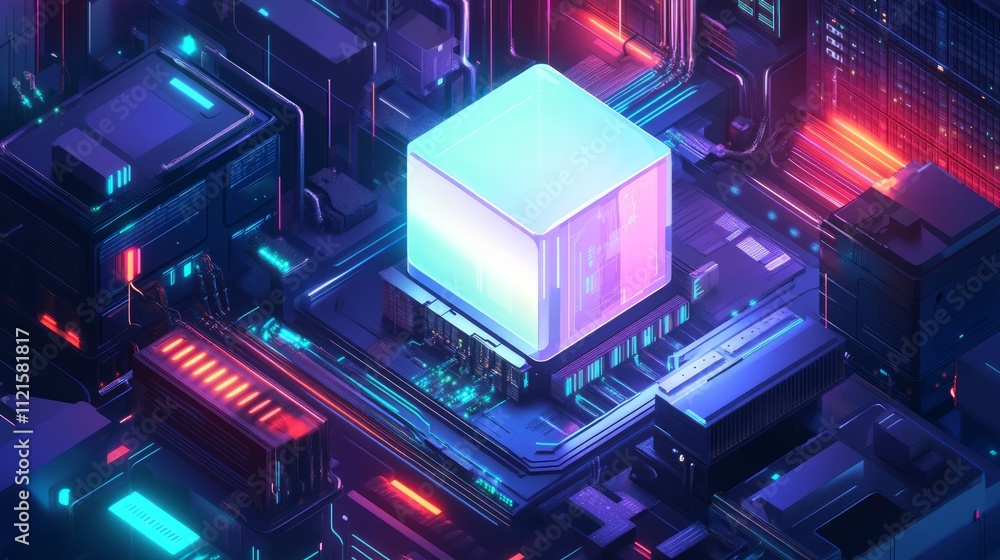 Aufkleber glowing cube at the center of a complex circuit board.