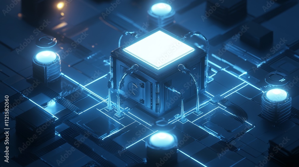 Poster Glowing cube connected to a complex network of circuits and lights.