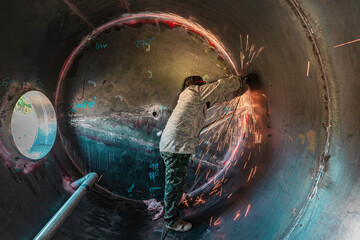 Male worker grinding on steel plate with flash of sparks wearing protective clothing and repair welding industrial construction oil and gas or storage tank oil