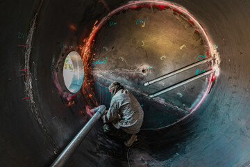 Male worker grinding on steel plate with flash of sparks wearing protective clothing and repair welding industrial construction oil and gas or storage tank oil