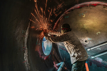 Male worker grinding on steel plate with flash of sparks wearing protective clothing and repair...