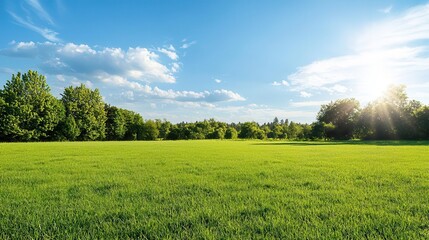 Obraz premium Wideangle view of a sunlit meadow rich with plants releasing oxygen into the breeze
