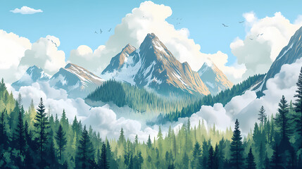 Mountain covered with green trees under nimbus clouds. Nimbus. Illustration