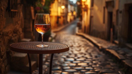 A glass of wine on a small outdoor café table, with cobblestone streets and soft evening lighting 