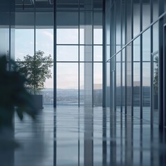 Fototapeta premium Modern Glass Corridor with Reflection of Outdoor Scenery