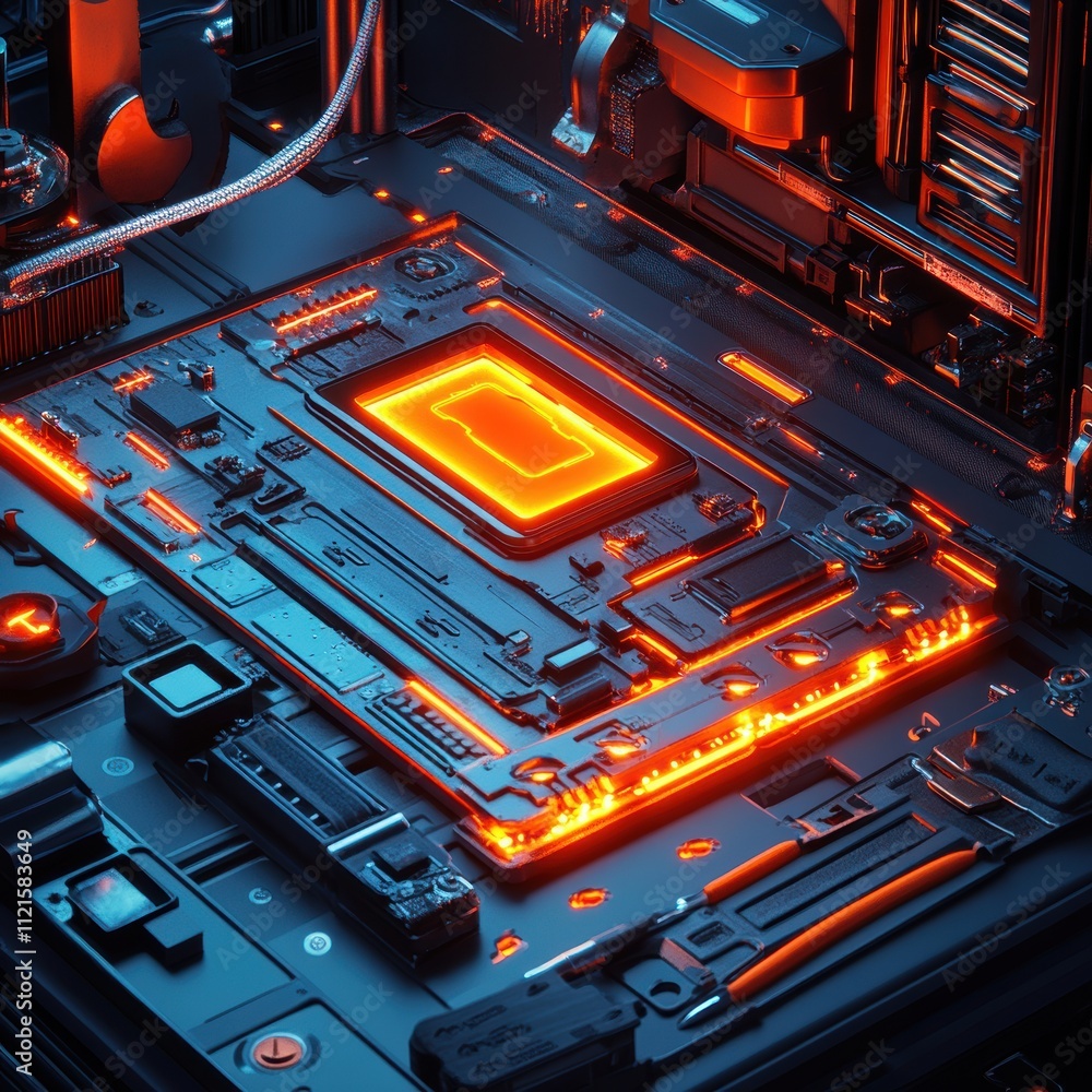 Poster a vibrant close-up of a computer motherboard, featuring glowing orange circuitry and intricate compo