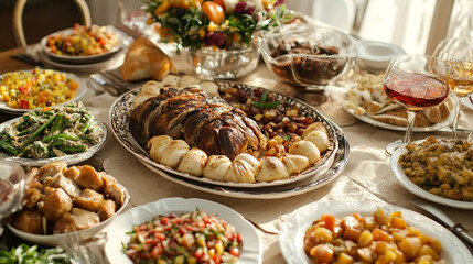 Numerous delicious snacks are surrounding on the table, Warm festive table setting with variety of dishes and foods,  A vibrant table bursting with various dishes of various foods.